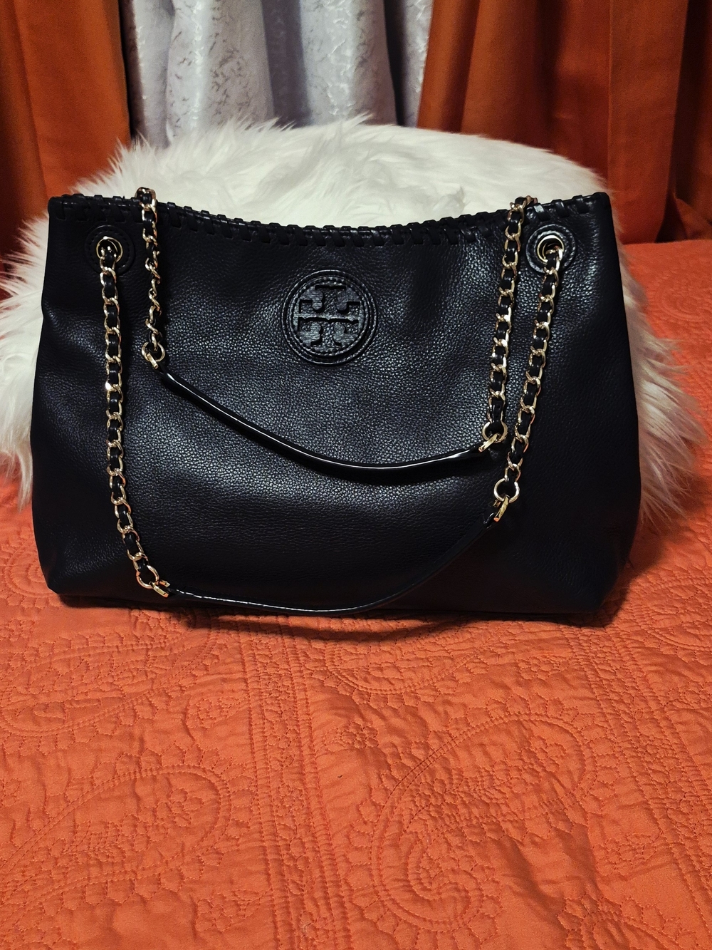 Tory Burch Nave Blue Pebbled Leather Shoulder Bag with Gold Chain Straps